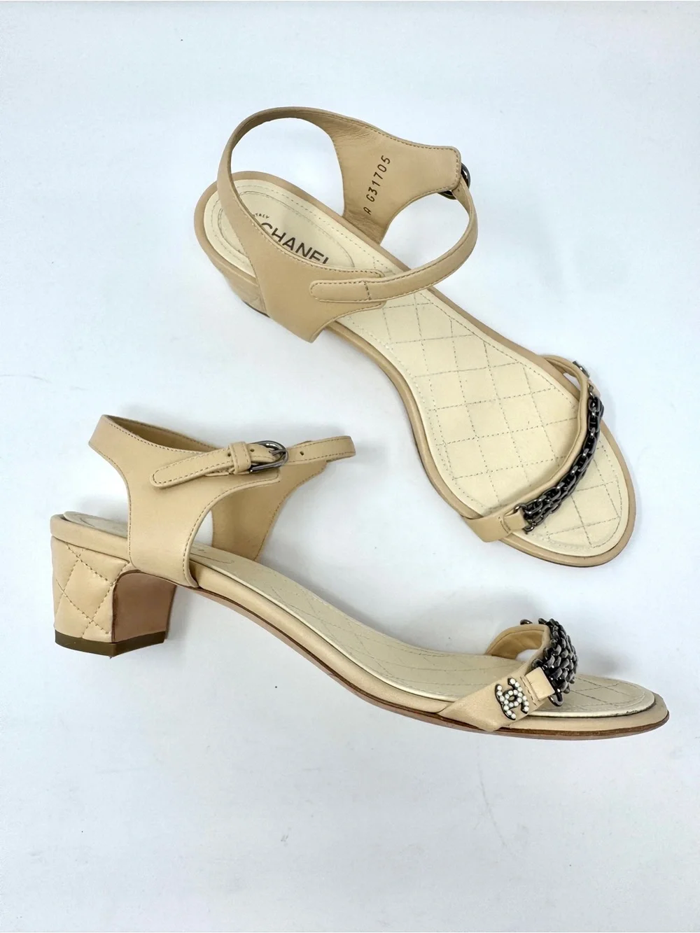 Chanel Nude Tan Beige Chain and Pearl Ankle Strap Quilted Heeled Sandals